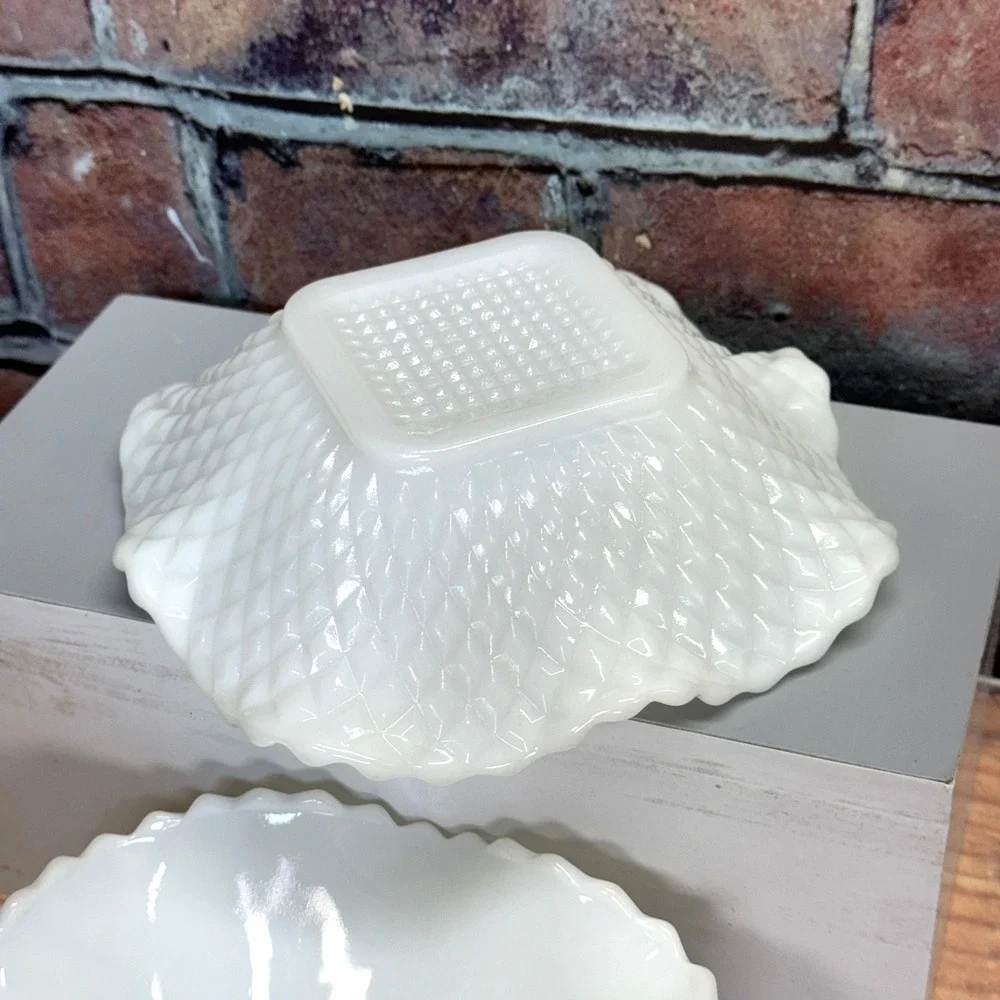 Set of 4 Vintage Hazel Atlas‎ White Milk Glass Diamond Pattern Nut Dishes MCM